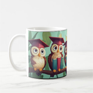 Anthropomorphic owls wearing graduation caps sit o coffee mug