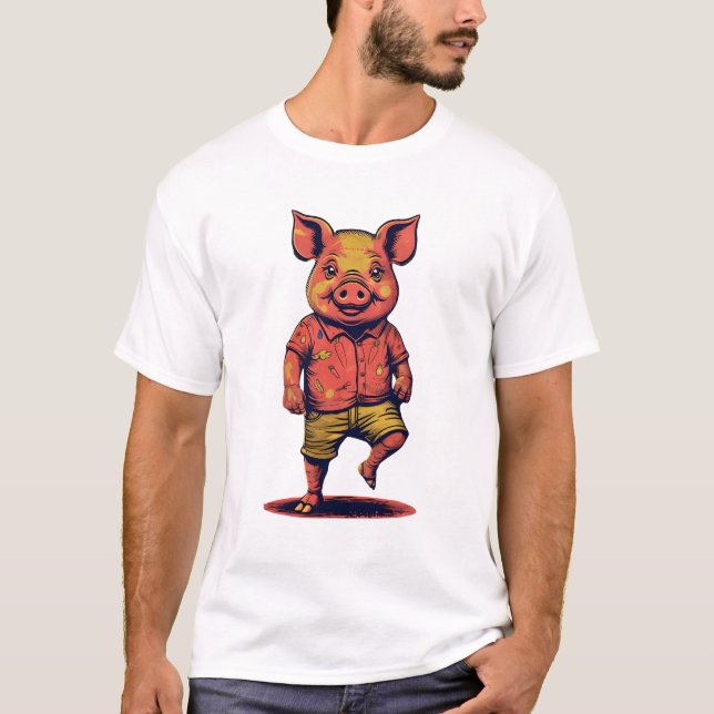 Anthropomorphic Pig In Retro-Pop Neon Noir T-Shirt (Front)