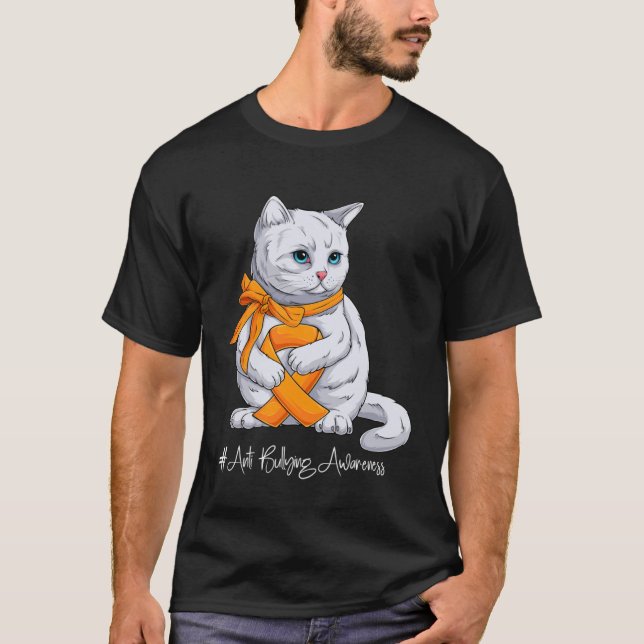 Anti Bullying Awareness Month Orange Ribbon Cat T-Shirt (Front)