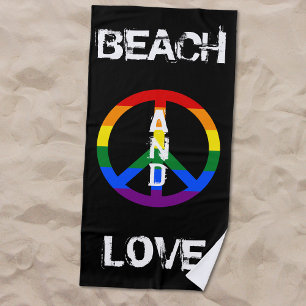 Anti War Gay Rainbow Peace Sign Beach and Love Towel