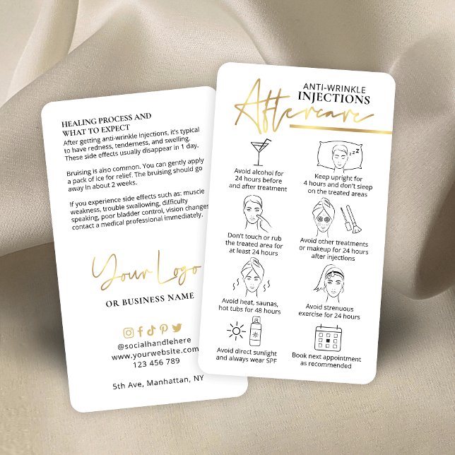 Anti Wrinkle Injections Gold Logo Aftercare Beauty Business Card (Anti-wrinkle injections post-treatment care instructions cards with faux gold effects & care icons)