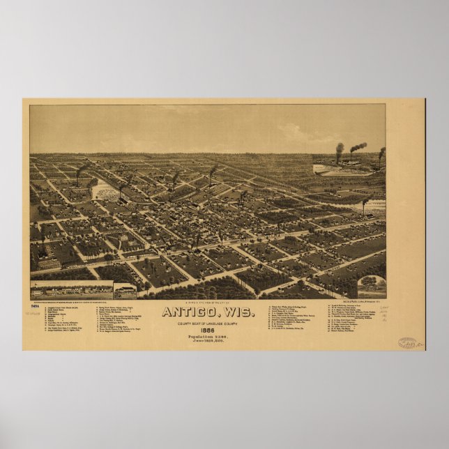 Antigo Wisconsin 1886 Antique Panoramic Map Poster (Front)