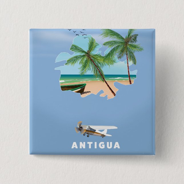Antigua Illustrated map travel poster 15 Cm Square Badge (Front)