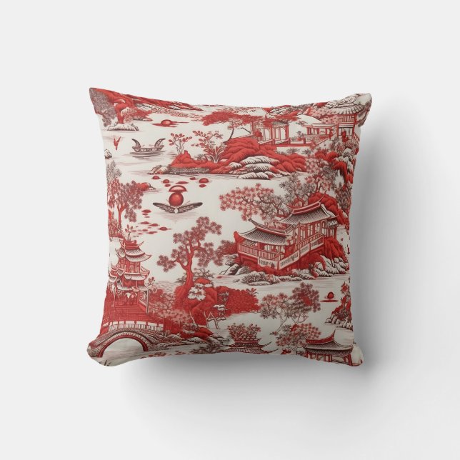 Antik Ming China Blue and Red Chinoiserie Cushion (Front)