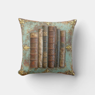 Antike Bücher auf Türkis-Goldener Metallplatte |  Cushion