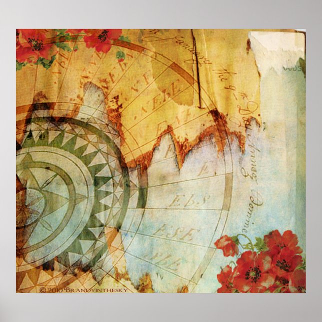 Antiquarian Print with Compass and Poppies (Front)