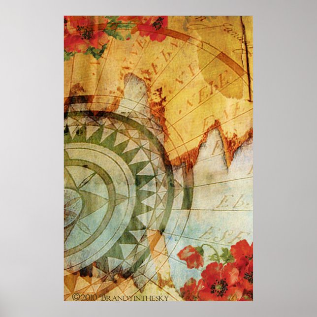 Antiquarian Steampunk Poster with Compass & Poppy (Front)