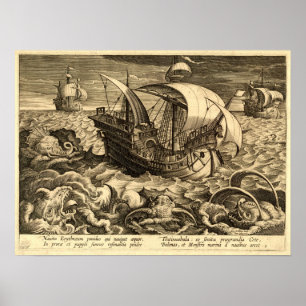 Antique 1590 Ships And Sea Monsters Poster
