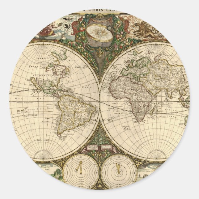 Antique 1660 World Map by Frederick de Wit Classic Round Sticker (Front)