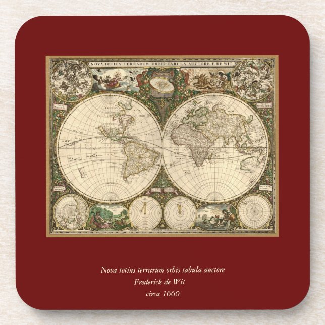 Antique 1660 World Map by Frederick de Wit Coaster (Front)