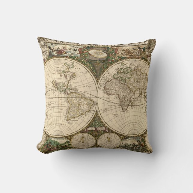 Antique 1660 World Map by Frederick de Wit Cushion (Front)