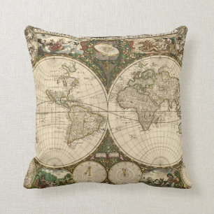 Antique 1660 World Map by Frederick de Wit Cushion