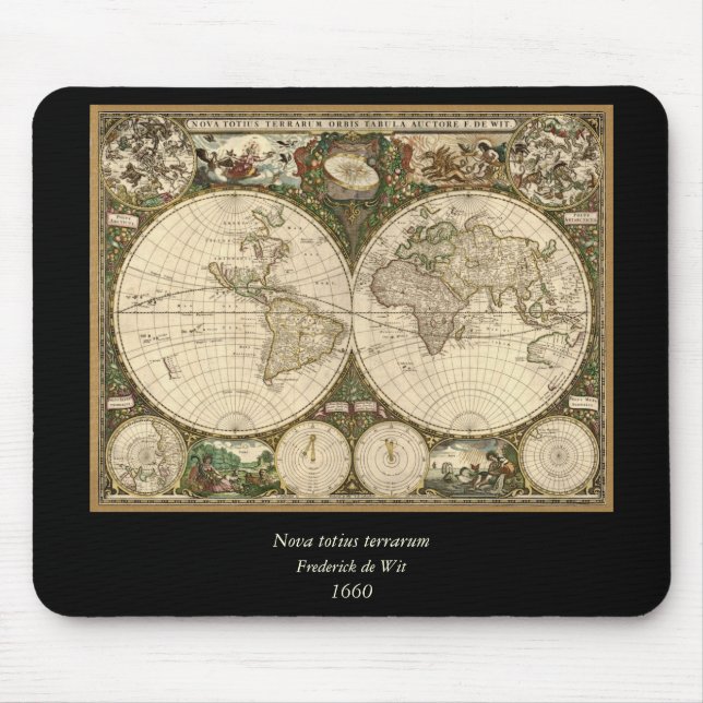 Antique 1660 World Map by Frederick de Wit Mouse Pad (Front)