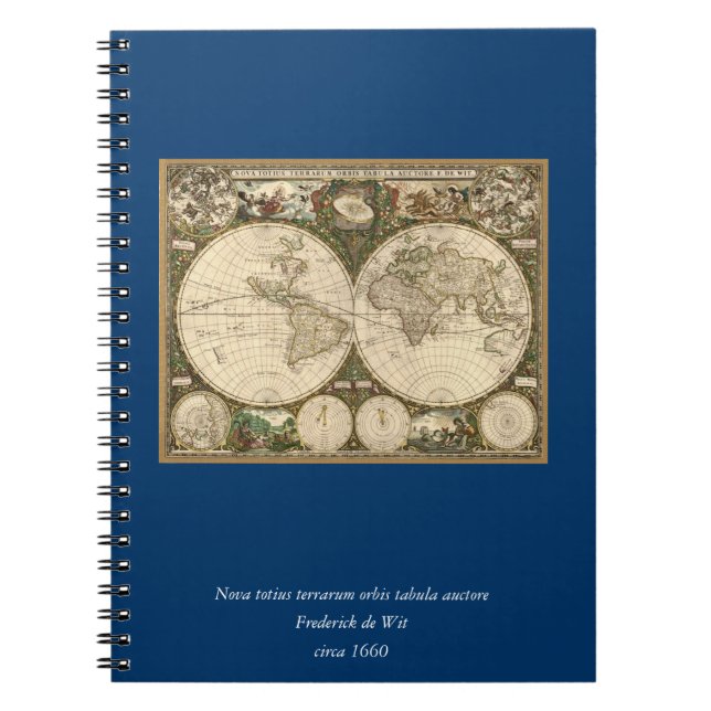 Antique 1660 World Map by Frederick de Wit Notebook (Front)