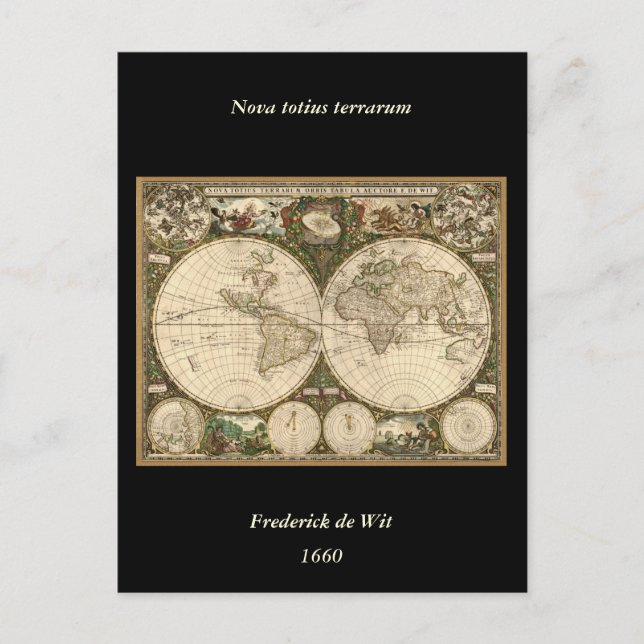Antique 1660 World Map by Frederick de Wit Postcard (Front)