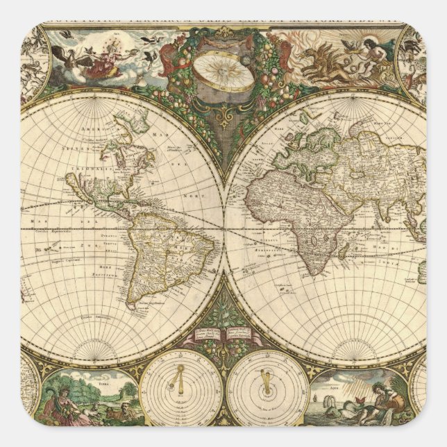 Antique 1660 World Map by Frederick de Wit Square Sticker (Front)