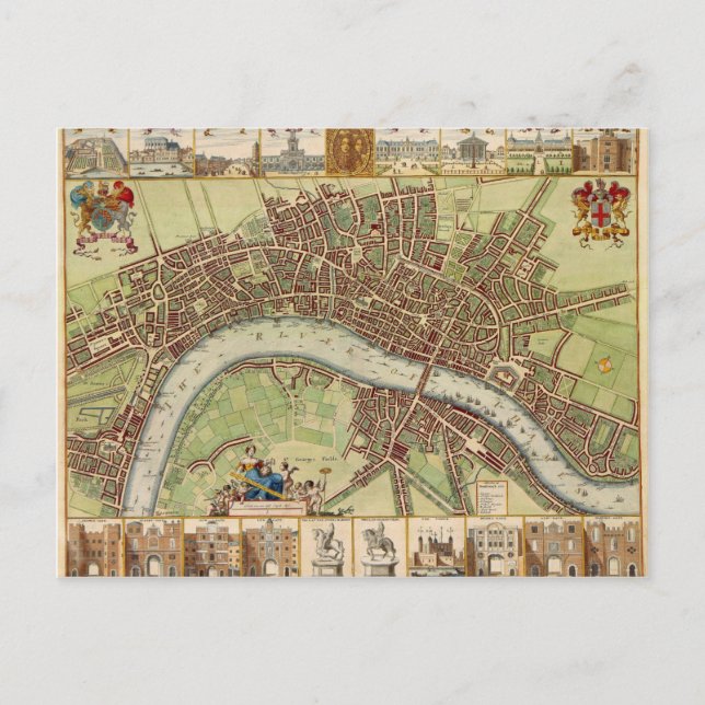 Antique 17th Century Map of London W. Hollar Postcard (Front)
