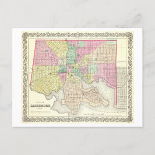 Antique 1856 Map of Baltimore, Maryland, Postcard