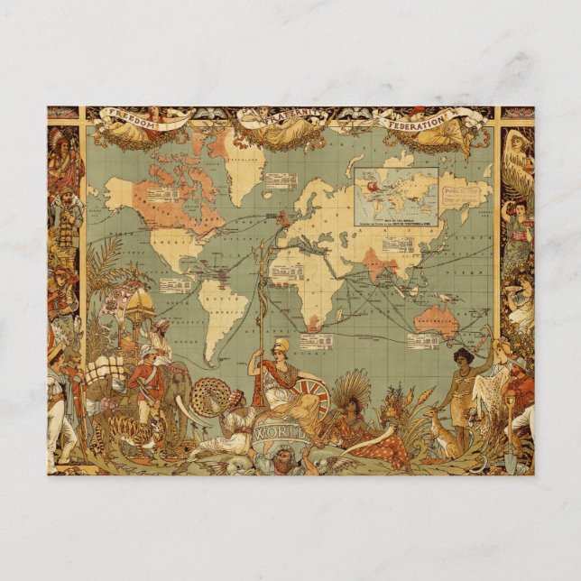 Antique 1886 World Map British Empire Poster Postcard (Front)