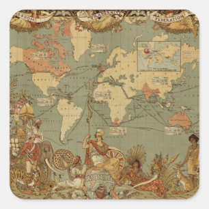 Antique 1886 World Map British Empire Poster Square Sticker
