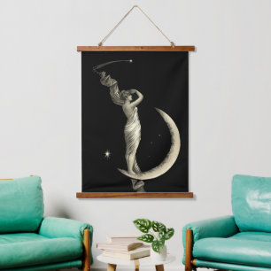 Antique 1889 Woman On Crescent Moon Print Hanging Tapestry