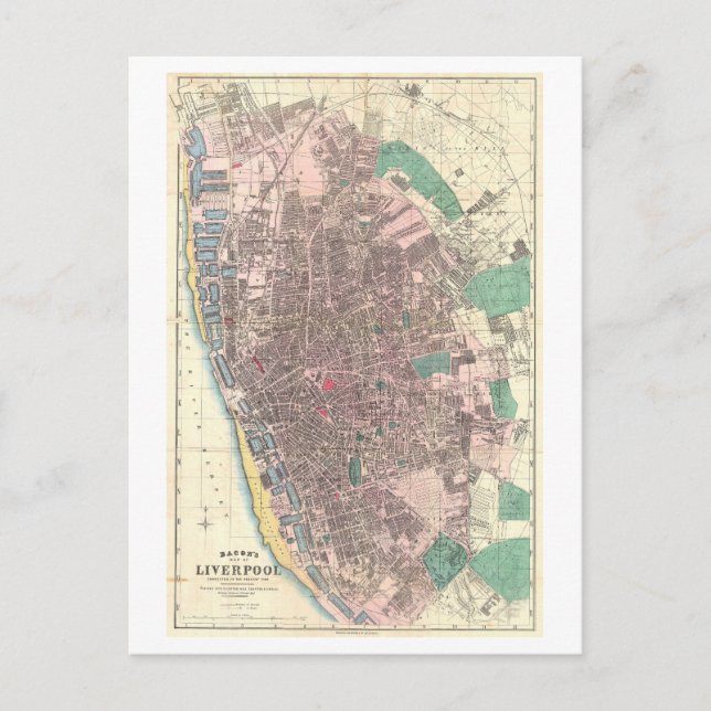 Antique 1890 Map of Liverpool, England, Postcard (Front)