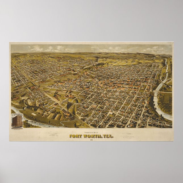 Antique 1891 Map of Fort Worth, Texas, USA Poster (Front)