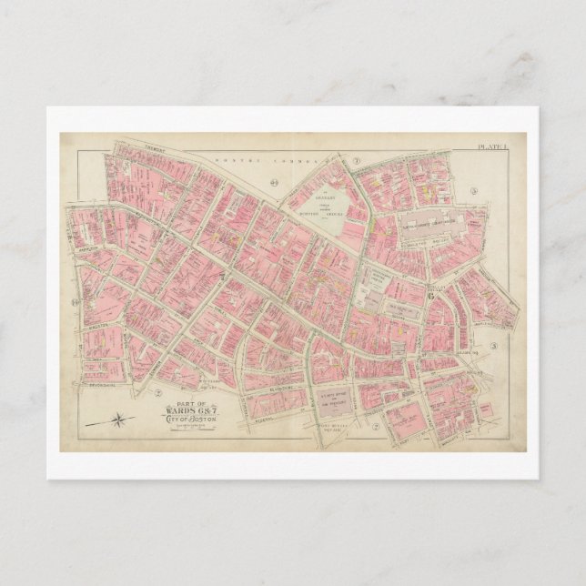 Antique 1895 Map of Downtown Boston Postcard (Front)