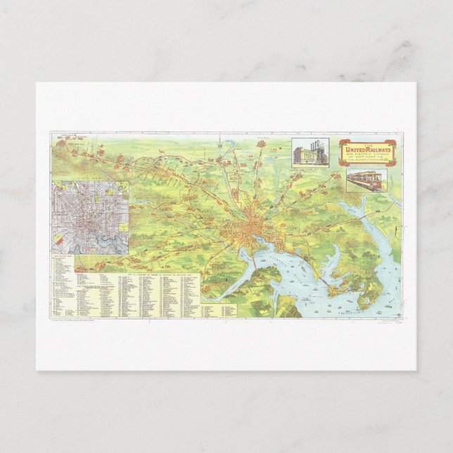 Antique 1910 United Railways Map of Baltimore Postcard (Front)