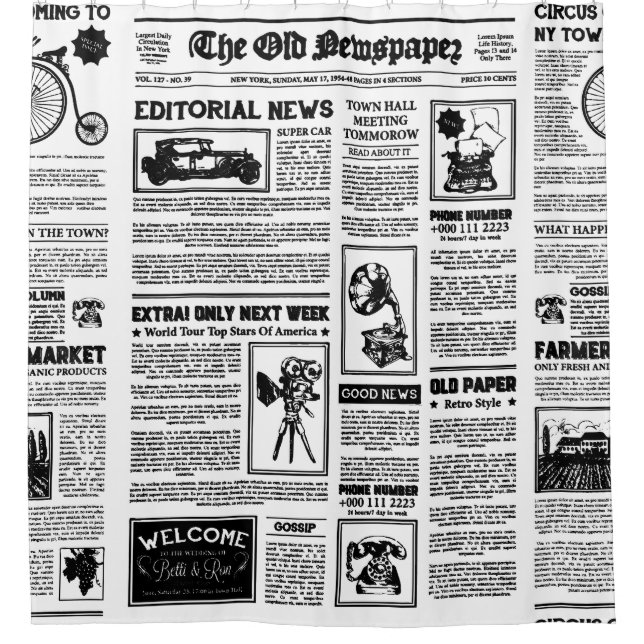 antique 1920 flapper newspaper vintage black white shower curtain (Front)