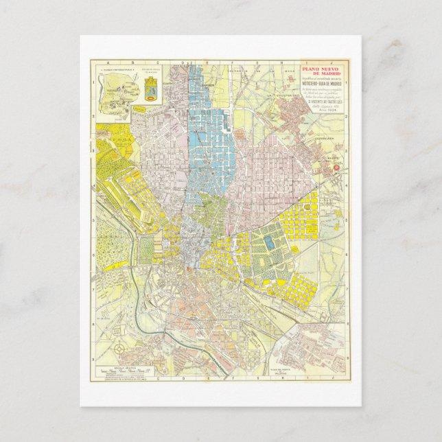 Antique 1934 Map of Madrid, Spain, Postcard (Front)