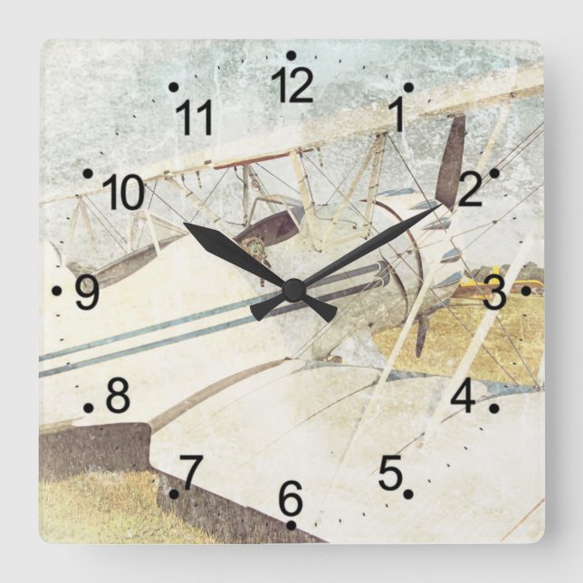 Antique Aeroplane Biplane Retro Square Wall Clock (Front)