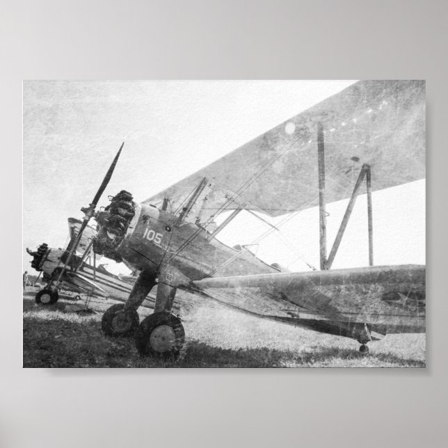 Antique Aeroplane Biplanes B&W Poster Print (Front)
