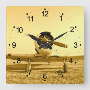 Antique Aeroplane Golden Yellow Propeller Square W Square Wall Clock