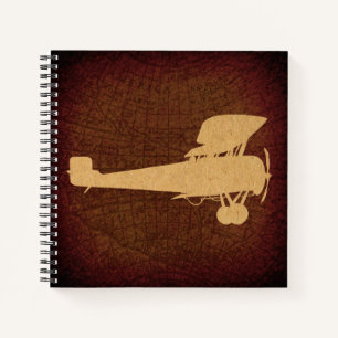 Antique Aeroplane Silhouette Plane & Brown Map Art Notebook