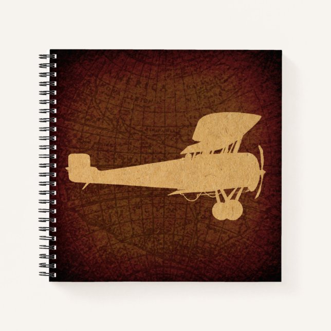 Antique Aeroplane Silhouette Plane & Brown Map Art Notebook (Front)