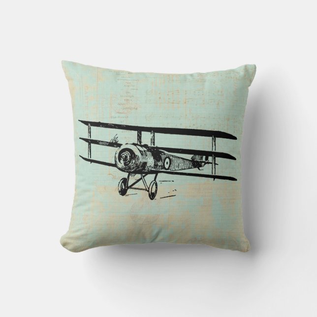Antique Aeroplane Vintage Plane Green Music Paper Cushion (Front)