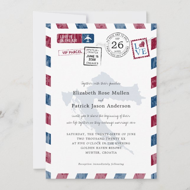 Antique Airmail Parcel to Croatia Wedding Invitation (Front)