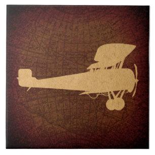 Antique Airplane Silhouette Plane & Brown Map Art Ceramic Tile