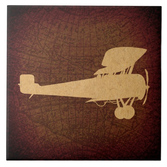 Antique Airplane Silhouette Plane & Brown Map Art Ceramic Tile (Front)