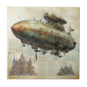Antique Airship Blueprint Sepia Technical Ceramic Tile