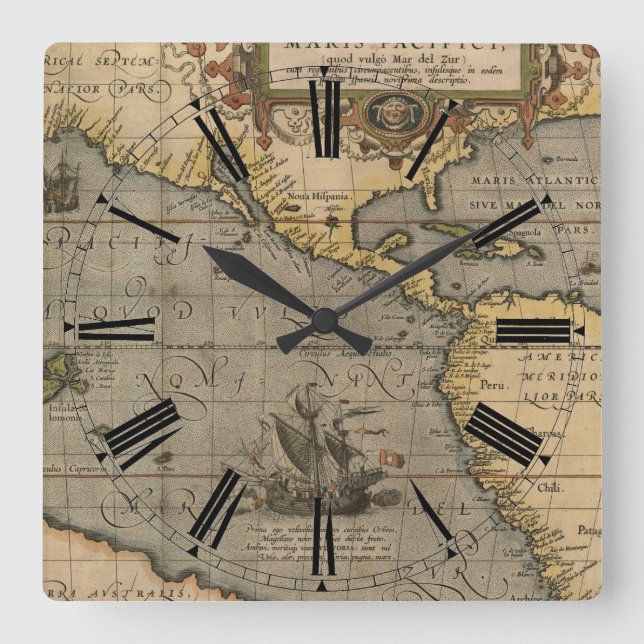 Antique Americas Map Square Wall Clock (Front)