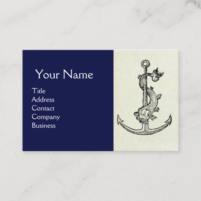 ANTIQUE ANCHOR WITH FISH NAUTICAL White Navy Blue Business Card (Front)