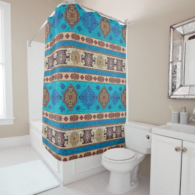 Antique Aqua Blue Pale Gold Turkish Kilim Rug Shower Curtain (In Situ)
