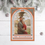 Antique Arch Holly Deco Orange Holiday Photo Card<br><div class="desc">Edit and customise to change the greeting,  family name,  year,  and fonts and message on the back. Customise further to add more text or more photos to the back side.</div>