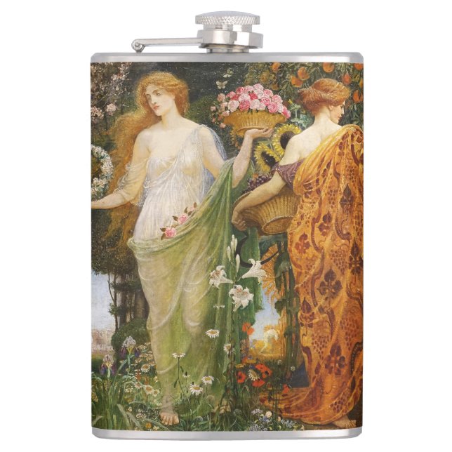 Antique Art Nouveau Four Seasons by Walter Crane Hip Flask (Front)
