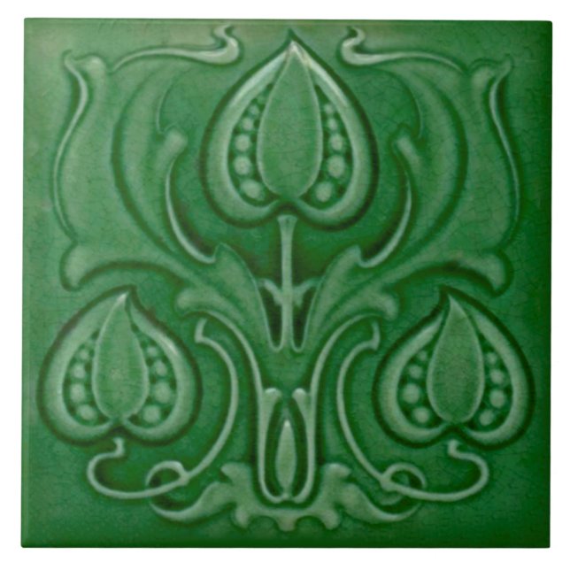 Antique Art Nouveau Green Majolica Repro Tile (Front)
