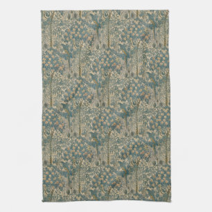 Antique Arts and Crafts Teal Parrot Wallpaper Tea Towel