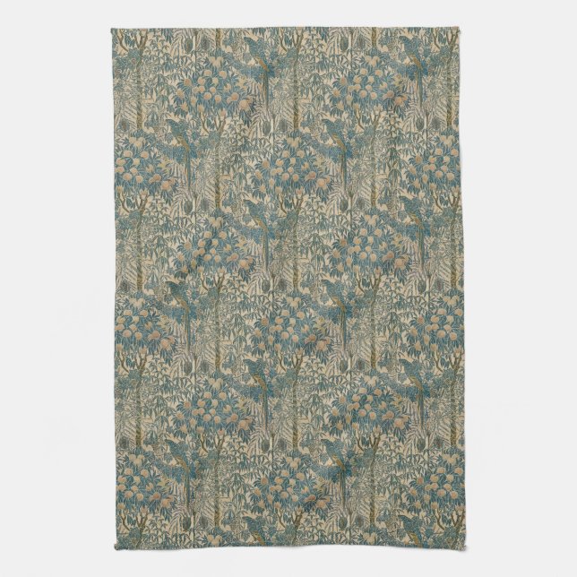 Antique Arts and Crafts Teal Parrot Wallpaper Tea Towel (Vertical)