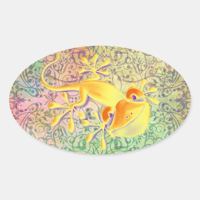 Antique ARTs Ornament Pattern + Smiling Gecko Oval Sticker (Front)